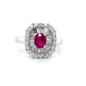 18k White Gold Oval Ruby With Baguette & Round Diamond Ballerina Ring Size 5
