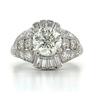 Vintage Iridium Platinum Round Cut Diamond W/ Single & Baguette Cut Diamond Ring