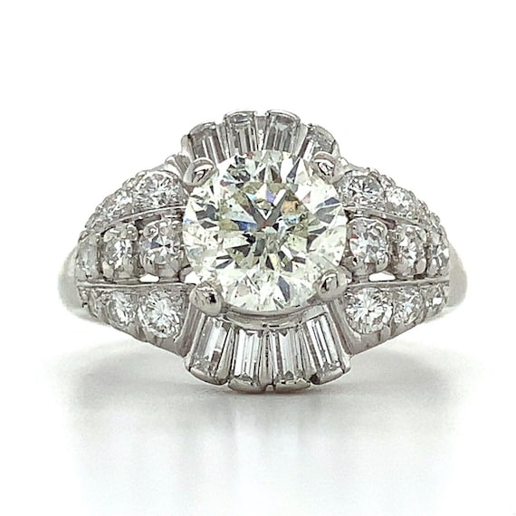 Vintage Iridium Platinum Round Cut Diamond W/ Single & Baguette Cut Diamond Ring