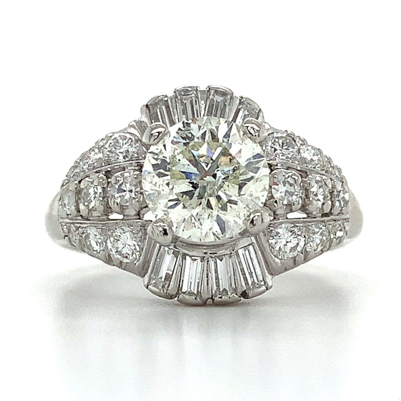 Vintage Iridium Platinum Round Cut Diamond W/ Single & Baguette Cut Diamond Ring