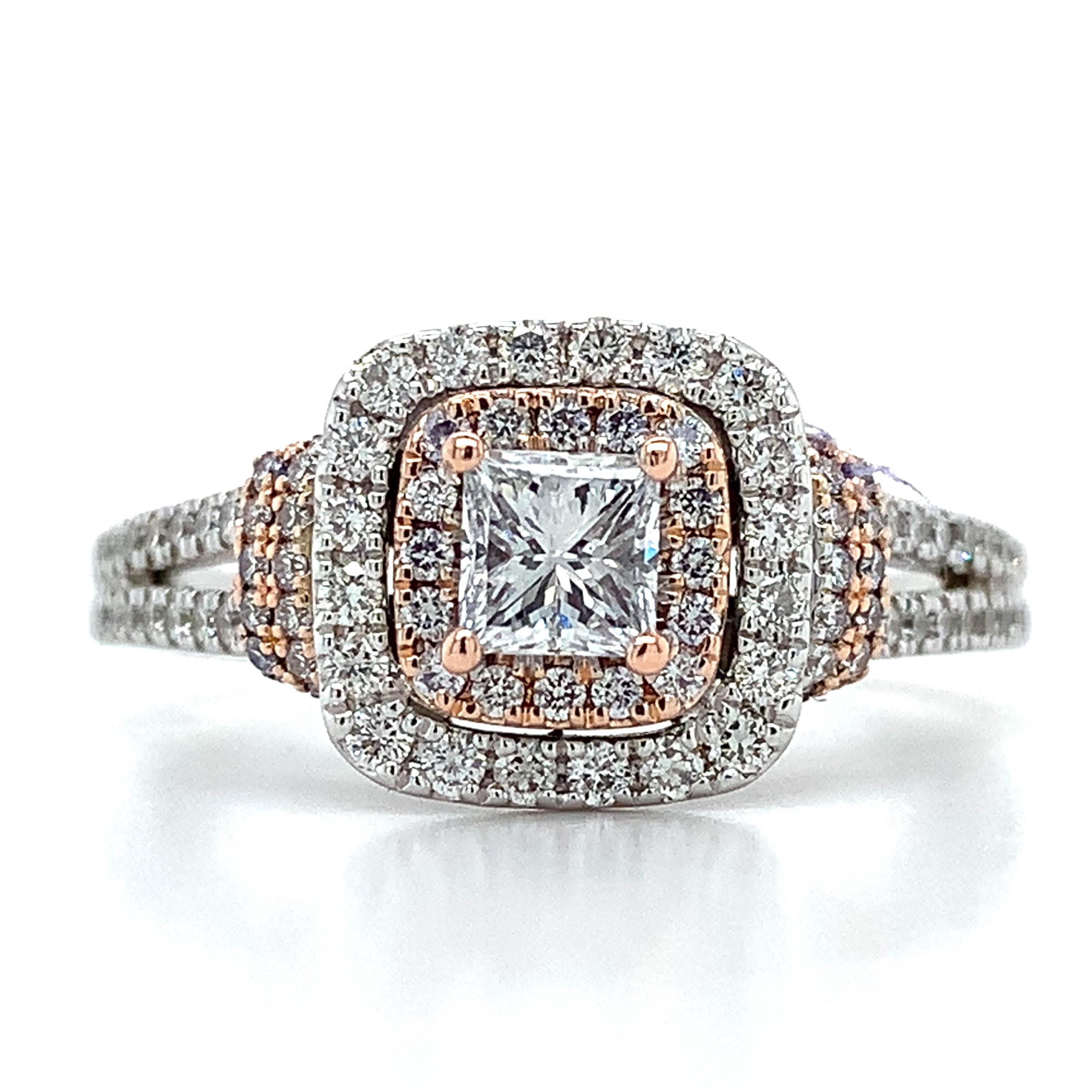 Vera Wang 14k White/rose Gold Princess Diamond W/ Round Diamond Double Halo  Ring - Etsy