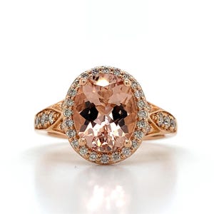 Le Vian 14k Rose Gold Oval Cut Morganite W/ Halo of Round White Diamond Ring