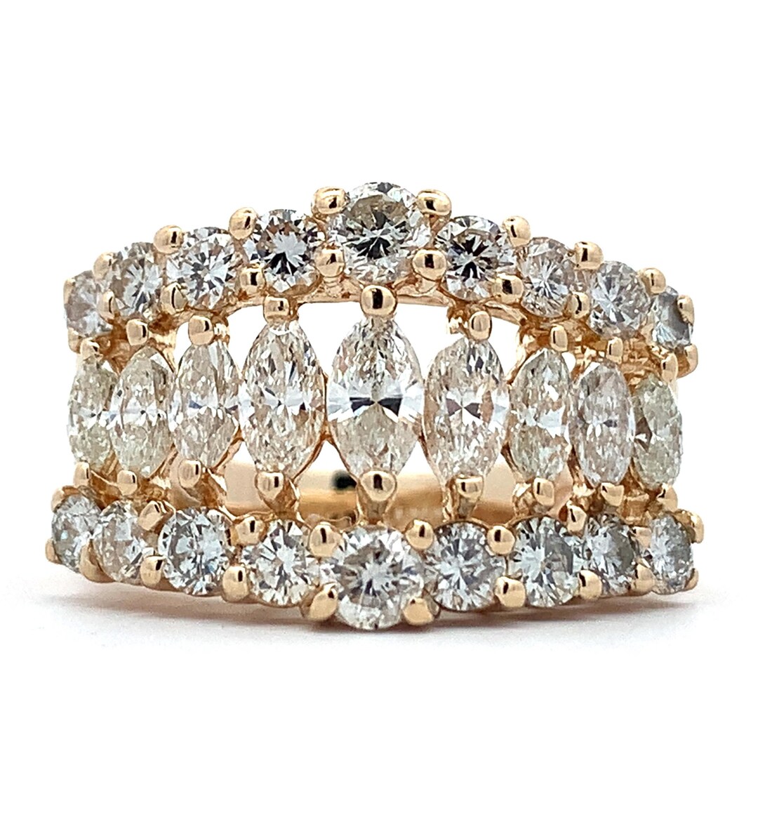 14k Gold 3 Row Graduated Marquise and Round Diamond Wide 2.5ctw Band ...