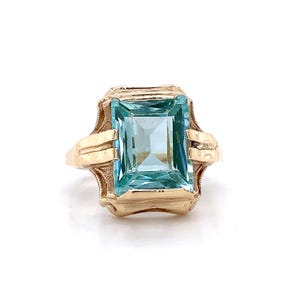 Art Deco 10k Yellow Gold Emerald Cut Synthetic Solitaire Ring Size 4