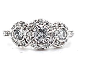 Bh Effy 14k White Gold Bezel Round W/ Round White Diamond Halo 3 Stone Ring