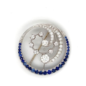 Vintage 14k White Gold European Single Cut Diamond 1.65ctw Blue Sapphire Pin