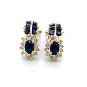 14k Yellow Gold Oval Cut Sapphire and Diamond Halo Omega Back Earrings