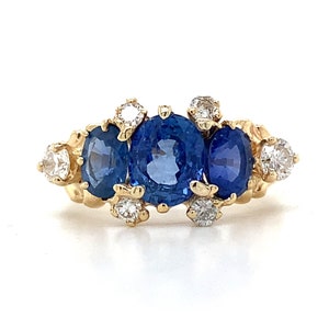 10k Yellow Gold Blue Sapphire & Diamond Ring – 7-Stone Layered Band, Size 9.75 - View #2