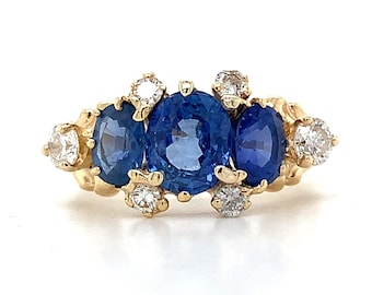 10k Yellow Gold Three Stone 2.5ct Oval Blue Sapphire & 1/3ct Round Diamond Ring