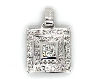 18 kt witgouden rond midden en diamanten dubbele halo vierkante druppelhanger