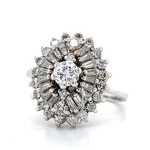 14k White Gold 1.5ct Round Center W/ Baguette and Round Diamond Ballerina Ring