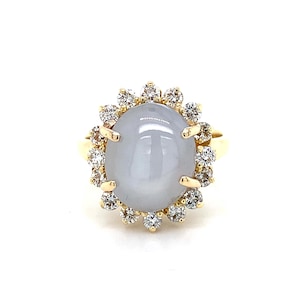 Vintage 18k Yellow Gold Oval Cabochon Blue Star Sapphire & Diamond Halo Ring