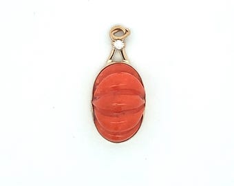 LAYAWAY 18k Yellow Gold Hand Carved Cabochon Orange Coral & Diamond Dome Pendant