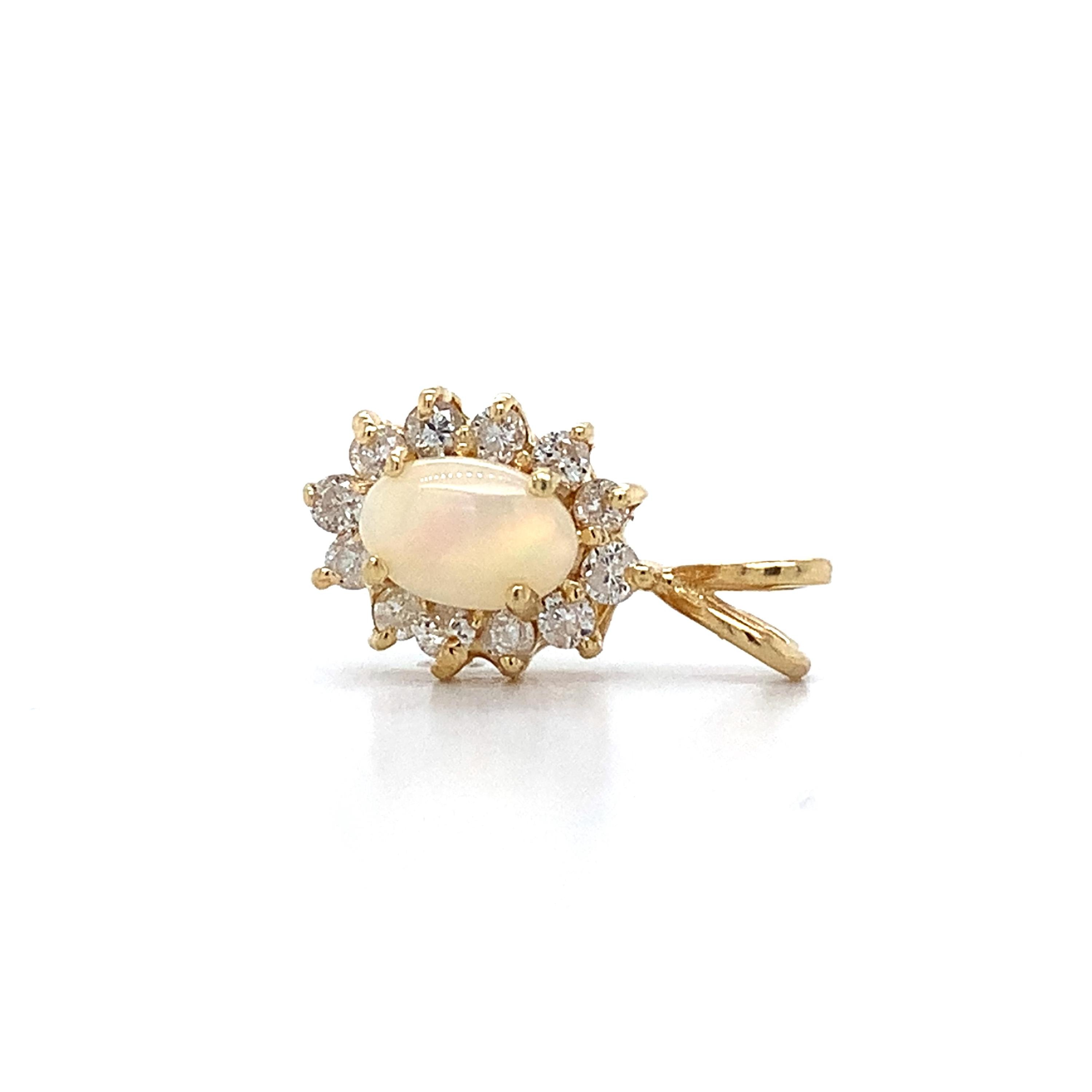 14k Yellow Gold Oval Shaped Opal and Round .15ct White Diamond Halo Pendant