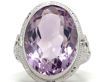 Anillo de filigrana con solitario de amatista morada ovalada de oro blanco de 14 k, talla 6