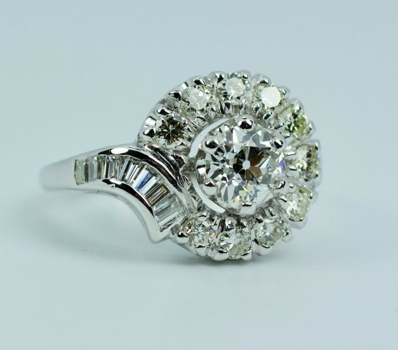 Corte europeu de platina vintage com diamante baguete e anel de diamante de corte único tamanho 6 imagem 2