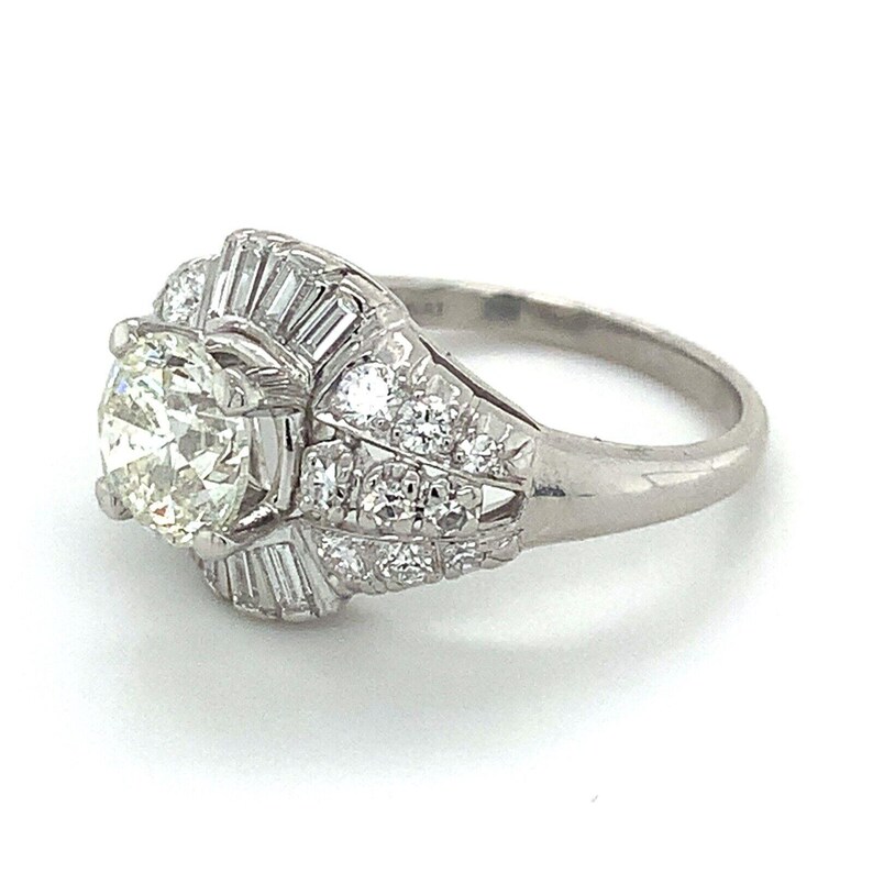 Vintage Iridium Platinum Round Cut Diamond W/ Single & Baguette Cut Diamond Ring