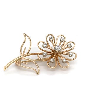 Vintage 14k Yellow Gold Round White Diamond Flower Motif Brooch Pin