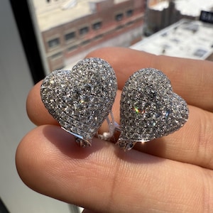 18k White Gold Pave 4.5ctw Round Diamond Dome Heart Omega Back Stud Earrings