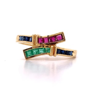 Vintage 18k Yellow Gold Straight Baguette Emerald Ruby and Sapphire Bypass Ring