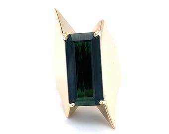 Vintage 14k Gold 4-Zacken Smaragdschliff grüner Turmalin Solitär Zigarrenband