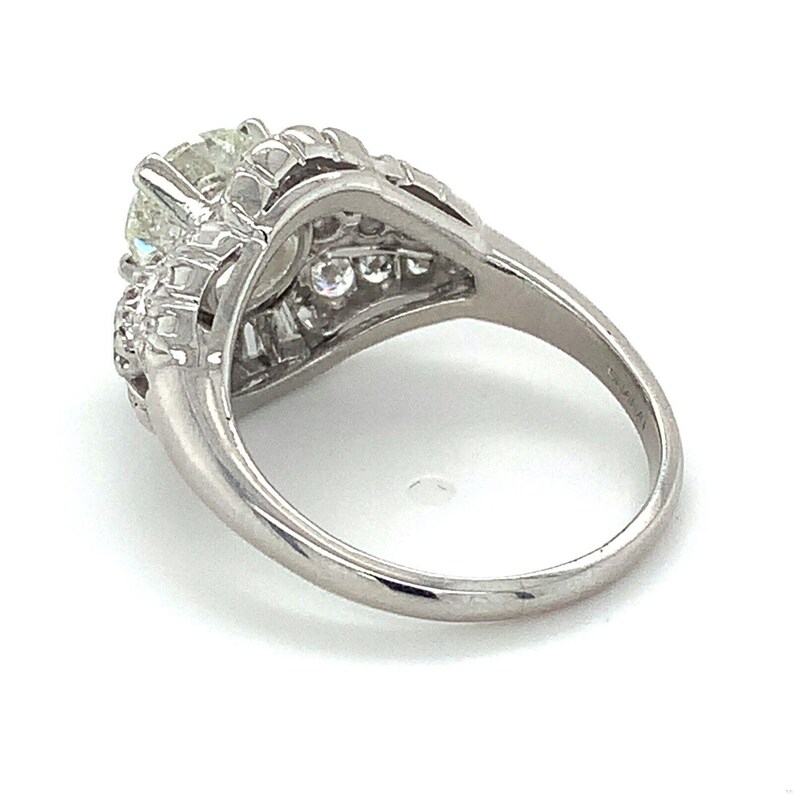 Vintage Iridium Platinum Round Cut Diamond W/ Single & Baguette Cut Diamond Ring