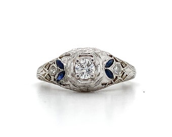 Vintage 18k White Gold Round Diamond & Marquise Sapphire Filigree Ring Size 5.75