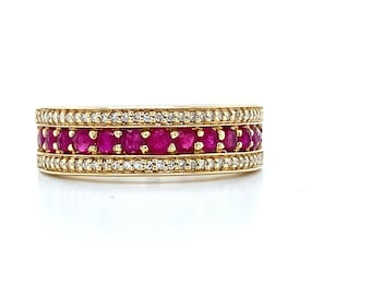 14k Yellow Gold Three Row Round Ruby & Round White Diamond Band Ring