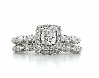 14k White Gold Princess Diamond W/ Round Diamond Halo Wedding Set Ring Size 4.5