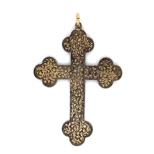 1860&#39;s Koftgari Christian Indian Cross Silver & Gold Pendant 3 Inches Tall