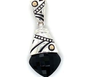 John Atencio Sterling Silver &18k Yellow Gold Cushion Onyx Loop Bail Drop Pendat