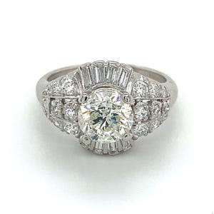Vintage Iridium Platinum Round Cut Diamond W/ Single & Baguette Cut Diamond Ring