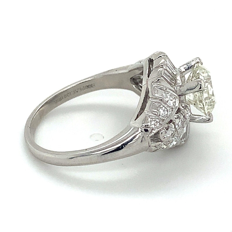Vintage Iridium Platinum Round Cut Diamond W/ Single & Baguette Cut Diamond Ring