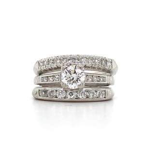 Vintage Plat Irid Round White Diamond Engagement Ring W/ Soldered Wedding Bands