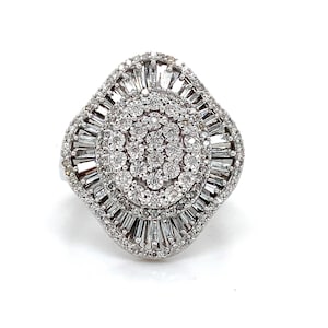 10k White Gold Tapered White Baguette & Round Diamond Ballerina Cocktail Ring