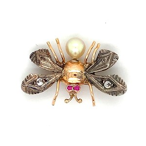 Vintage 14k Yellow Gold & Silver Round CZ Ruby Eyes and Pearl Fly ...