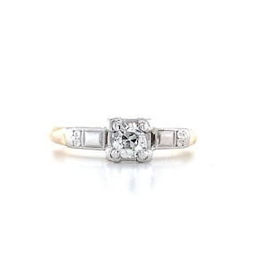Vintage 14k Yellow Gold &Palladium European Cut Diamond Solitaire Buttercup Ring