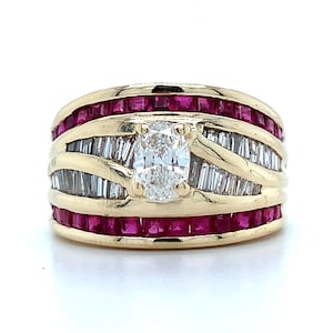 14k Yellow Gold Oval Center With Channel Set Baguette Ruby & Diamond Band Ring