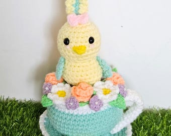 Everlasting Spring Garden Teacup- Crochet Flower Teacup Bird Pattern PDF