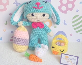 Felton in Easter Bunny Costume with Easter Basket & Easter Eggs PDF Amigurumi Crochet Pattern