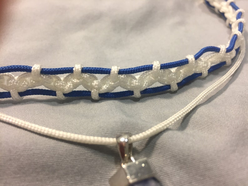 Jazmine White Shirt and Denim Necklace with Sedona Sodalite Gem Pendant White and Blue Paracord