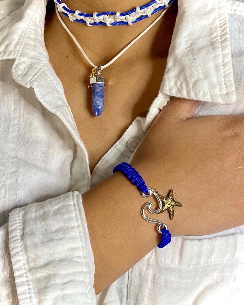 Jazmine White Shirt and Denim Necklace with Sedona Sodalite Gem Pendant White and Blue Paracord
