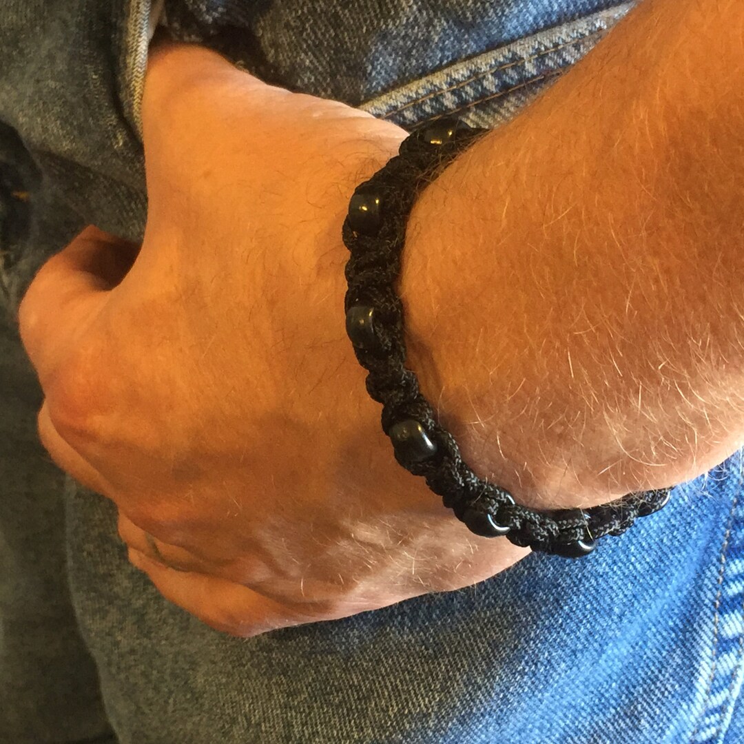 Men Beaded Bracelet Black Paracord and Beads With Side Etsy