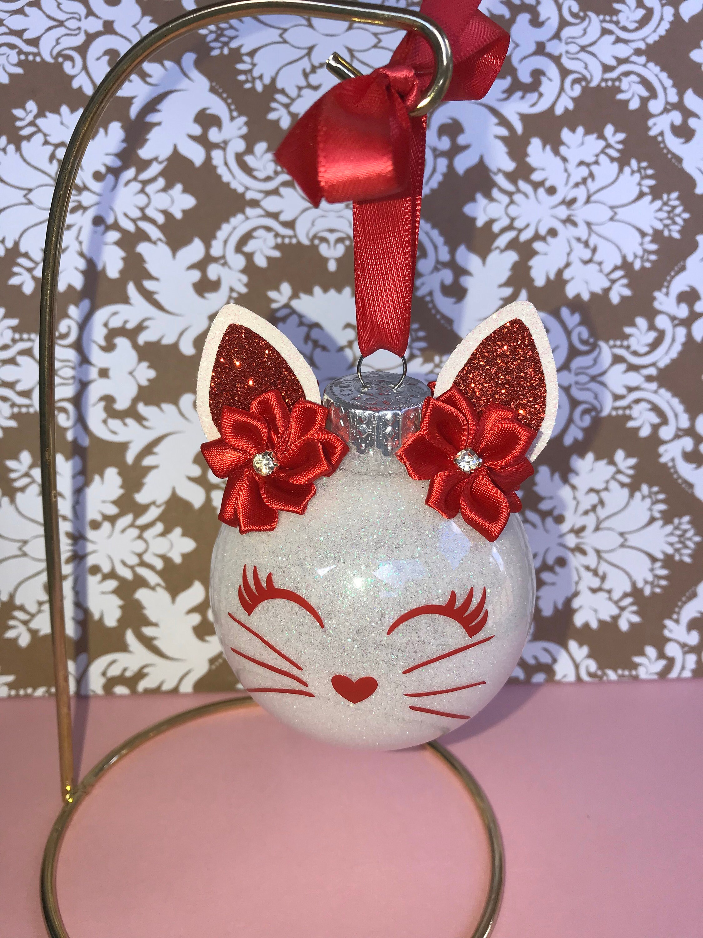Set of 4 Adorable Handmade Glitter Kitty Cat Ornaments. 2 Color Choices