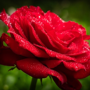 May include: A single red rose with water droplets on the petals. The rose is in focus and the background is blurred.