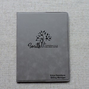 Business Logo Personalized Portfolio, Customized Gray Leatherette Portfolio, Personalized Business Gift, Laser Engraved