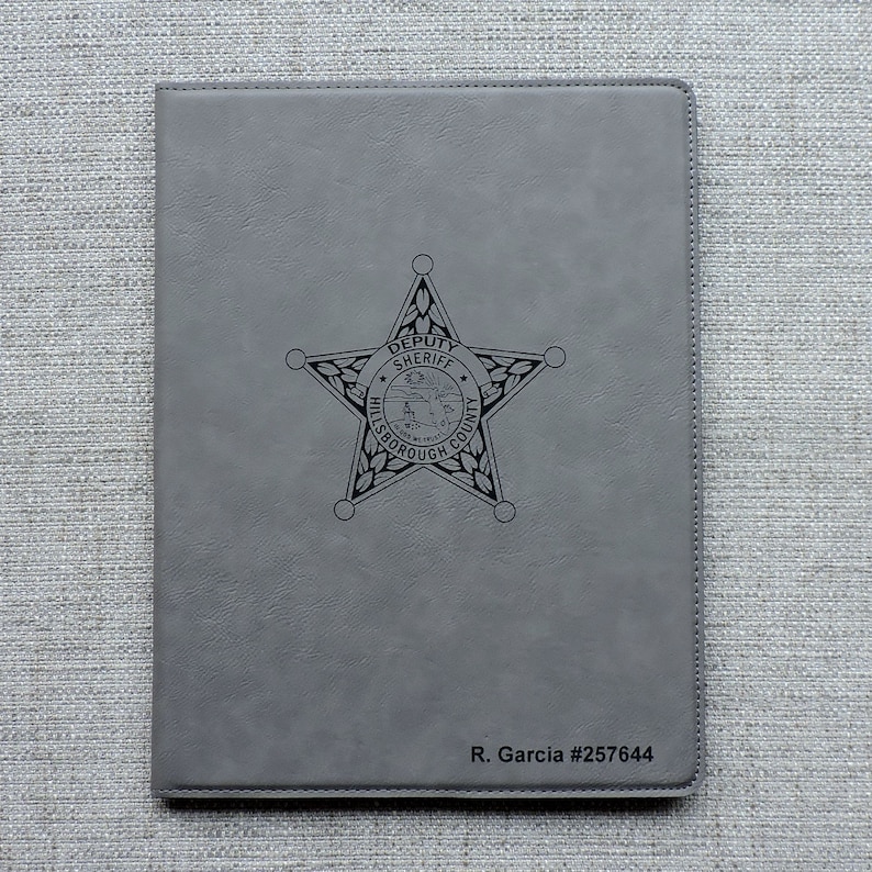 Personalized Portfolio for Police, Firefighters, EMS, First Responders, Custom folio with badge engraved Gray engraves black