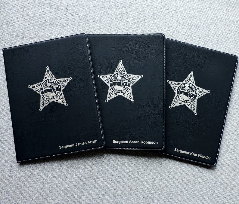 Personalized Portfolio for Police, Firefighters, EMS, First Responders, Custom folio with badge engraved Black engrave Gold
