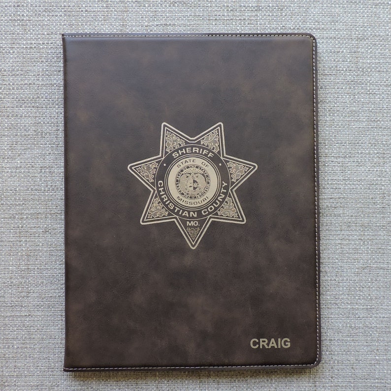 Personalized Portfolio for Police, Firefighters, EMS, First Responders, Custom folio with badge engraved Rustic engrave Gold