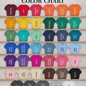 May include: A Bella+Canvas 3001 unisex t-shirt color chart displaying 42 short-sleeve shirts in various colors arranged on wooden shelves. Each shirt is labeled with its specific color name, including maroon, red, orange, yellow, green, blue, purple, pink, brown, gray, black, and white.